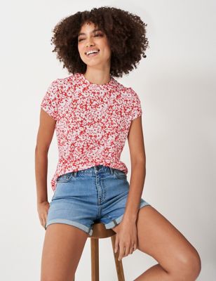 Crew Clothing Women's Cotton Rich Floral T-Shirt - 12 - Medium Red, Medium Red,Pink Mix,Black Mix