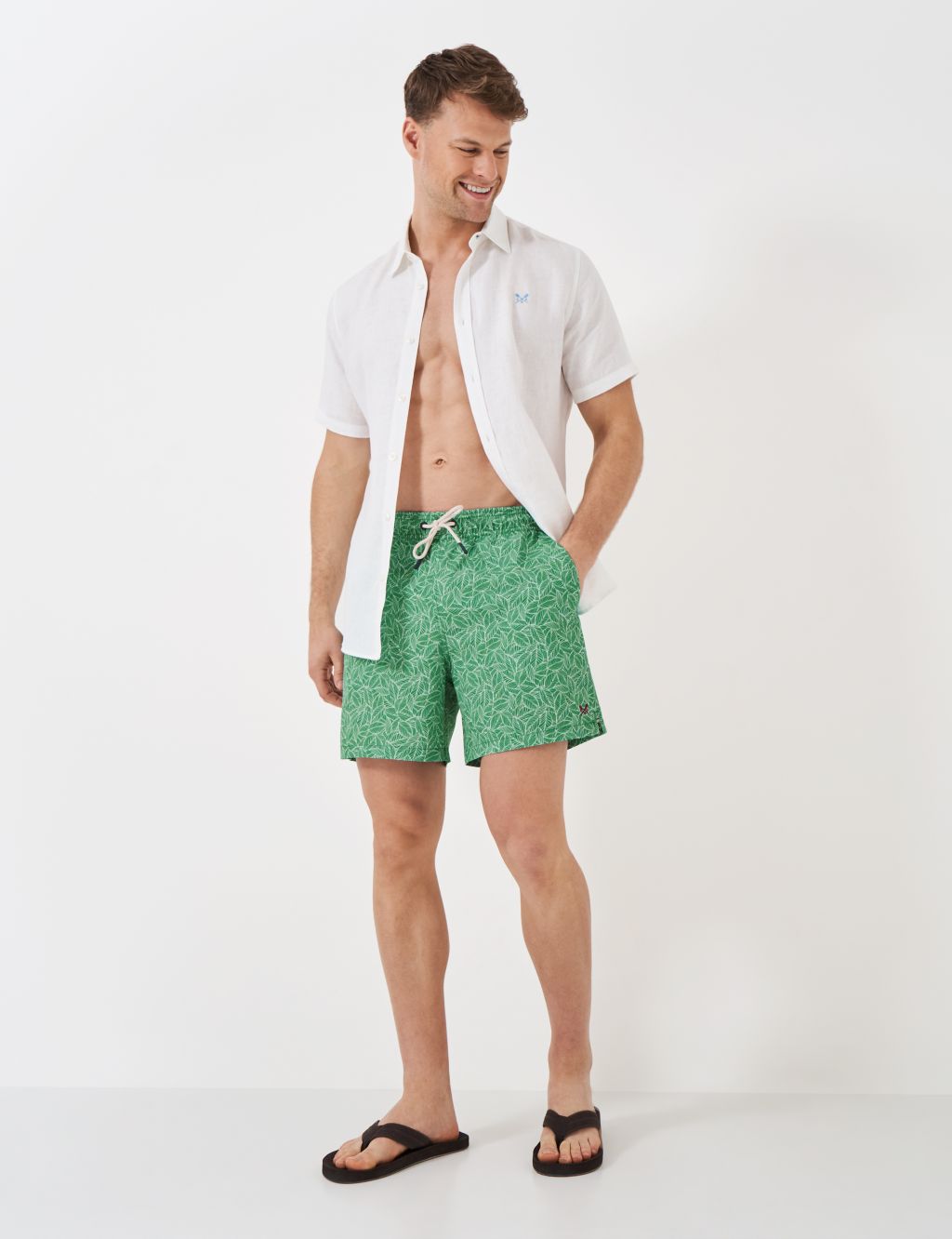 Pocketed Leaf Print Swim Shorts