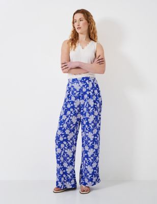 Crew Clothing Women's Pure Cotton Floral Wide Leg Trousers - 12 - Blue Mix, Blue Mix,Navy Mix