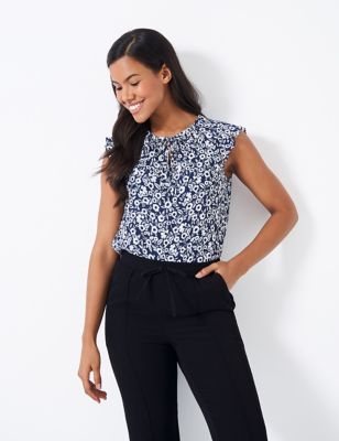 Crew Clothing Womens Floral Tie Neck Frill Sleeve Top - 8 - Navy, Navy