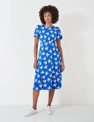 Crew Clothing Women's Jersey Floral Round Neck Midi Tea Dress - 8 - Blue Mix, Blue Mix