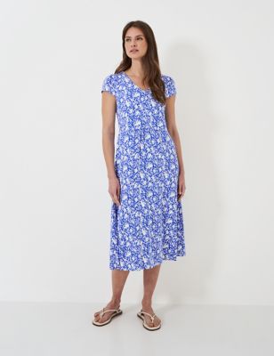Crew Clothing Womens Jersey Floral V-Neck Midi Tea Dress - 10 - Light Blue, Light Blue