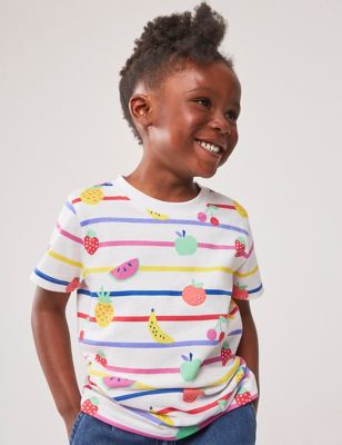 Crew Clothing Girl's Pure Cotton Striped Fruit Print T-Shirt (3-12 Yrs) - 10-11 - White Mix, White M
