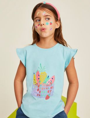Crew Clothing Girl's Pure Cotton Fruit Basket Print T-Shirt (3-12 Yrs) - 8-9 Y - Blue, Blue