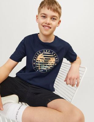 Jack & Jones Junior Boy's Organic Cotton Printed T-Shirt (8-16 Yrs) - 10y - Navy, Navy,Yellow