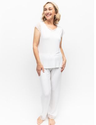Cyberjammies Women's Jersey Modal Ribbed Lace Cropped Pyjama Set - 8 - White, White