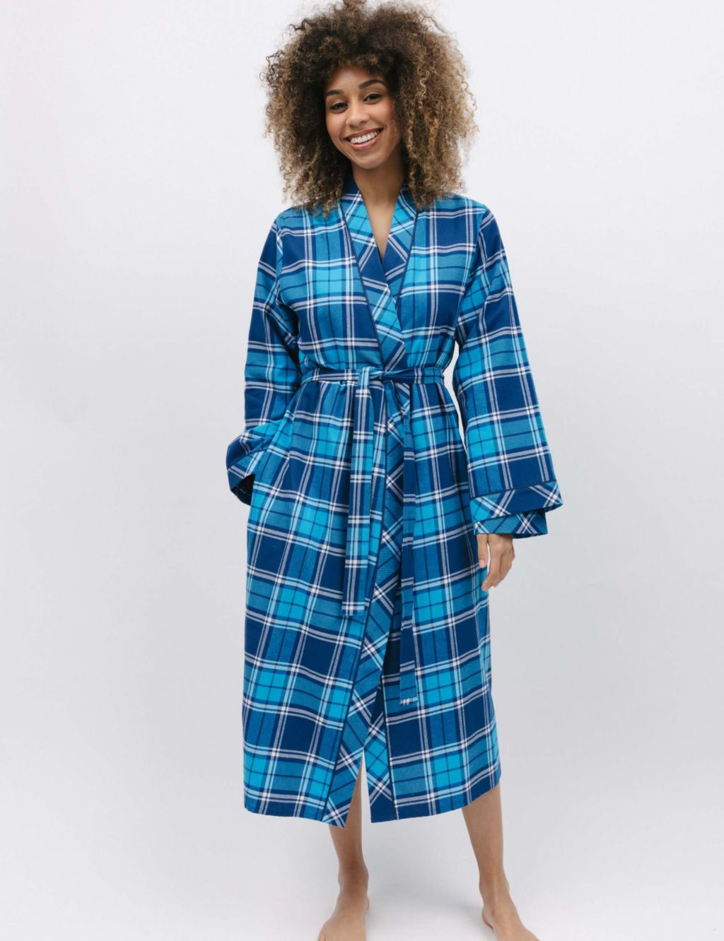 Pure Cotton Checked Long Dressing Gown