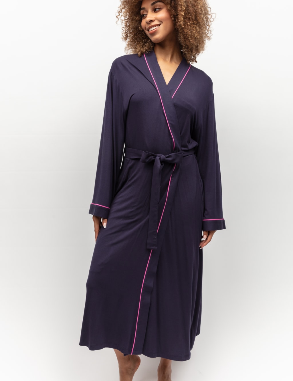 Women's luxury navy soft fleece dressing gown with pockets