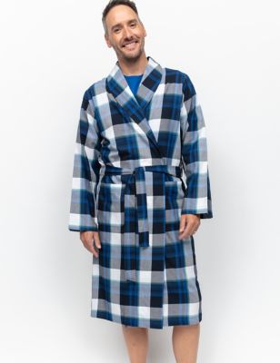 Cyberjammies Mens Pure Cotton Checked Dressing Gown - XL - Navy, Navy