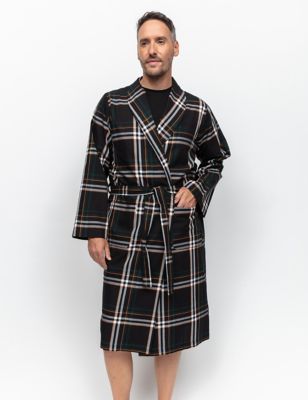 Cyberjammies Mens Pure Cotton Checked Dressing Gown - XL - Black, Black