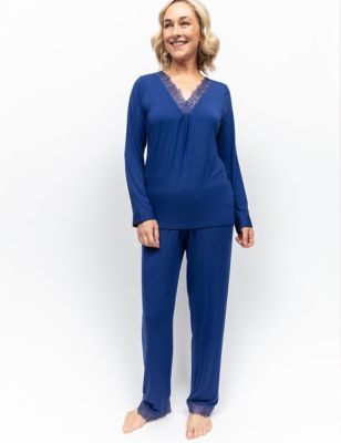 Cyberjammies Women's Modal Rich Lace Trim Pyjama Set - 28 - Navy, Navy