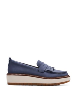Clarks Womens Leather Flatform Loafers - 6 - Navy, Navy