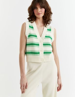 Chinti & Parker Women's Pure Cotton Textured Striped Knitted Vest - Green Mix, Green Mix,Pink Mix