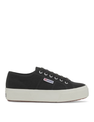 Superga Women's 2740 Platform Canvas Lace Up Trainers - 6 - Black, Black,White