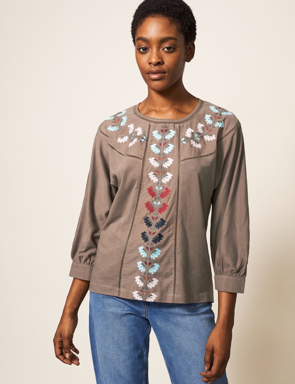 Pure Cotton Embroidered Crew Neck Top image 1