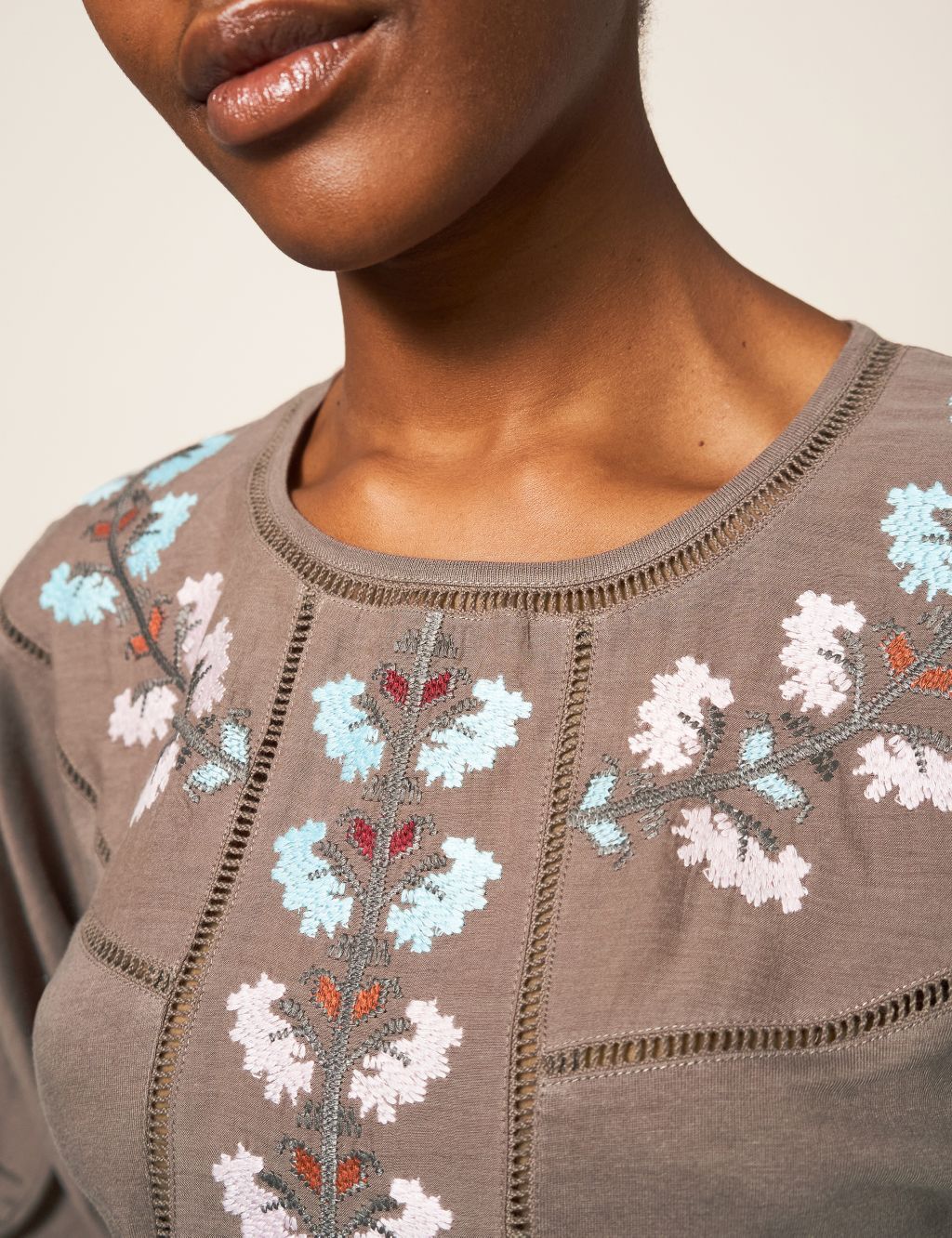 Pure Cotton Embroidered Crew Neck Top image 3