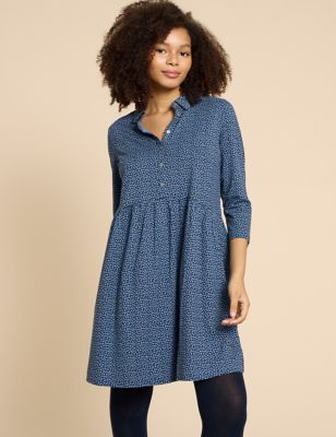 White Stuff Womens Jersey Printed Knee Length Shirt Dress - 6REG - Blue Mix, Blue Mix