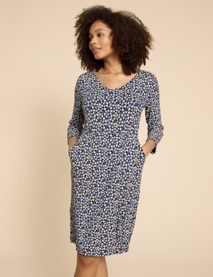 White Stuff Womens Jersey Printed V-Neck Knee Length Tea Dress - 6REG - Blue Mix, Blue Mix