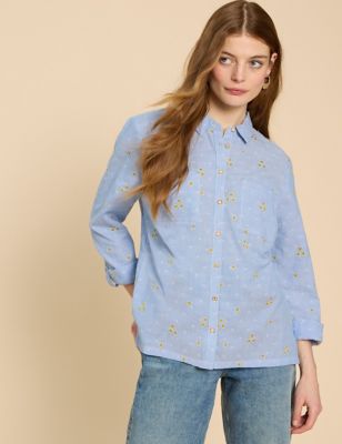White Stuff Women's Pure Cotton Striped Embroidered Shirt - 6 - Blue Mix, Blue Mix