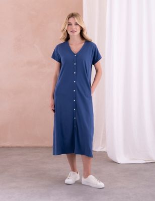 Celtic & Co. Womens Jersey V-Neck Midi Waisted Dress - 8 - Blue, Blue