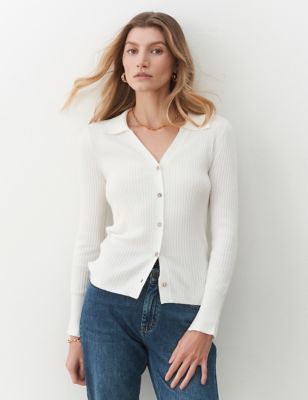 Finery London Womens Ribbed Collared Button Front Cardigan - 14 - Ivory, Ivory
