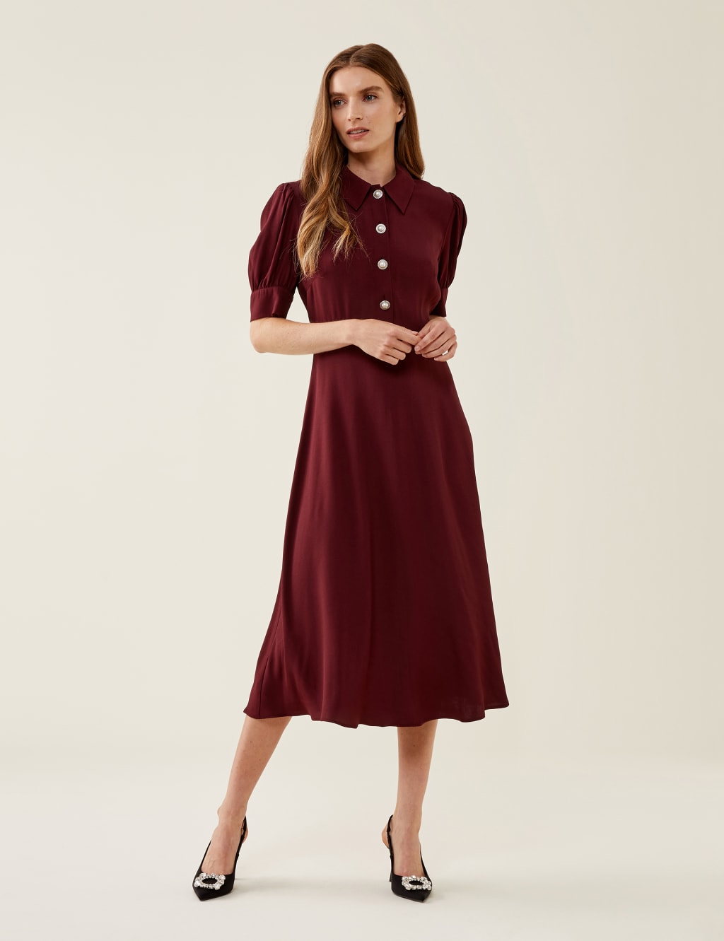 Button Front Puff Sleeve Midi Shirt Dress image 1