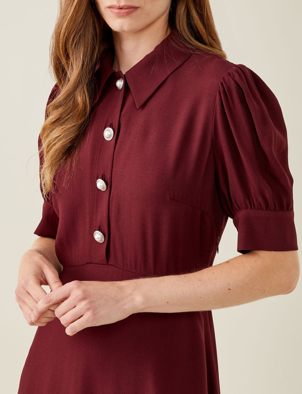 Button Front Puff Sleeve Midi Shirt Dress image 4