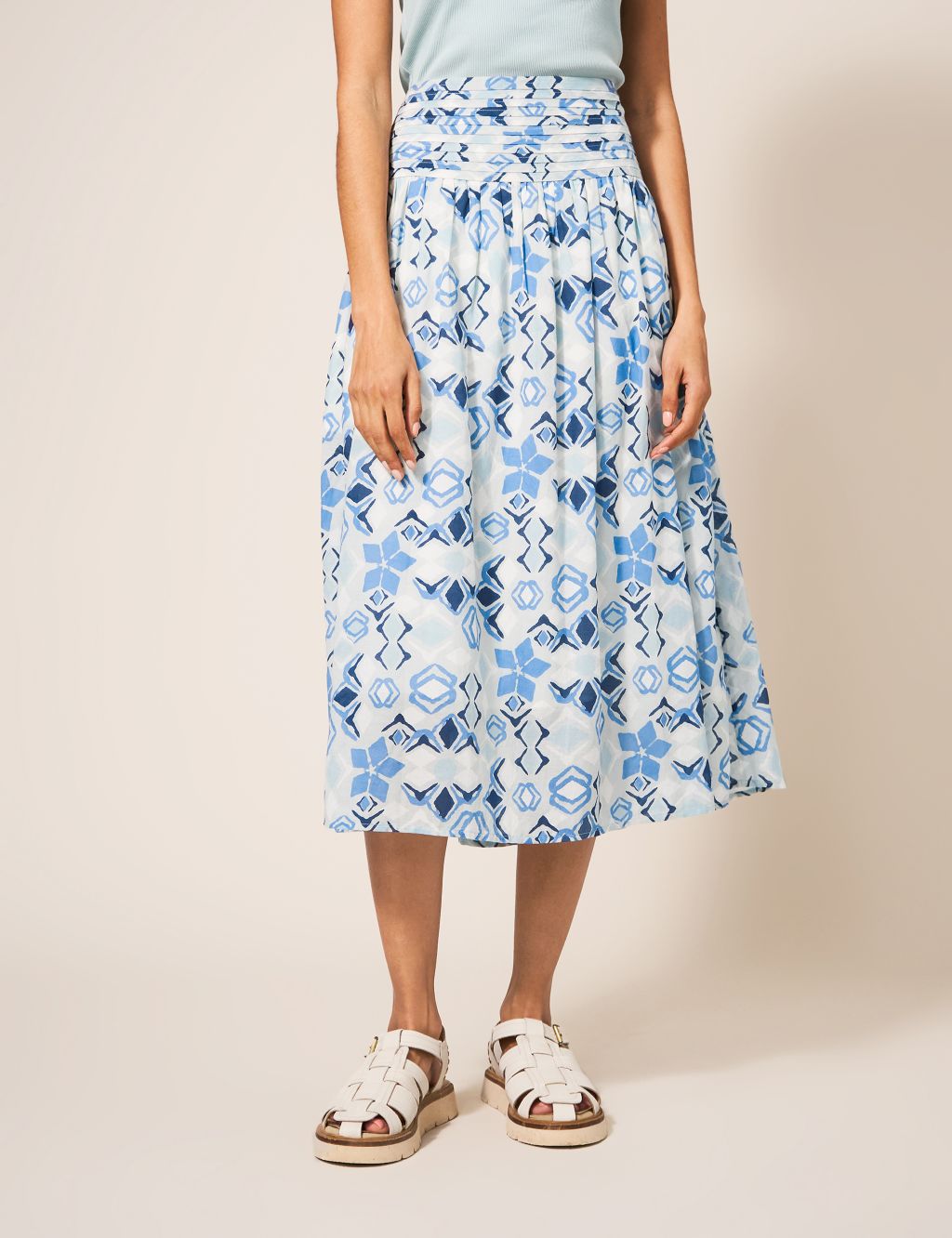 Cotton Rich Printed Midi A-Line Skirt image 1