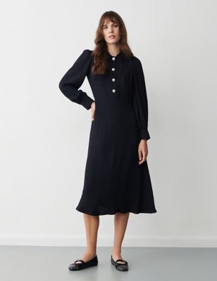 Finery London Women's Button Front Midi Waisted Dress - 12 - Navy, Navy,Black