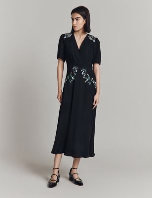 Ghost Womens Floral Embroidery V-Neck Midi Tea Dress - XS - Black, Black,Ivory