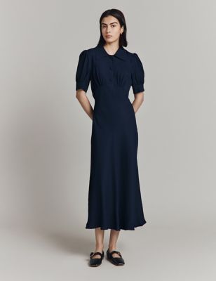 Ghost Womens Collared Puff Sleeve Midaxi Waisted Dress - XS - Navy, Navy,Pink