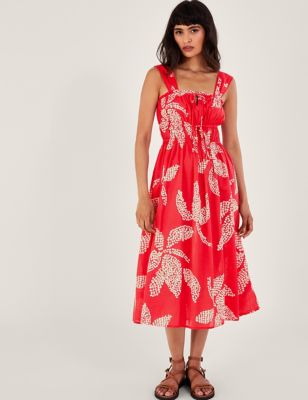 Monsoon Women's Pure Cotton Printed Square Neck Midi Dress - Red Mix, Red Mix