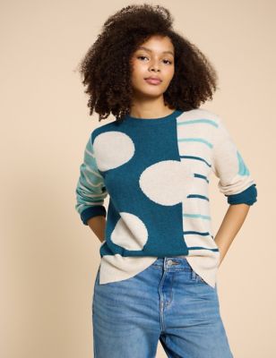 White Stuff Womens Lambswool Rich Patterned Crew Neck Jumper - 10 - Teal Mix, Teal Mix