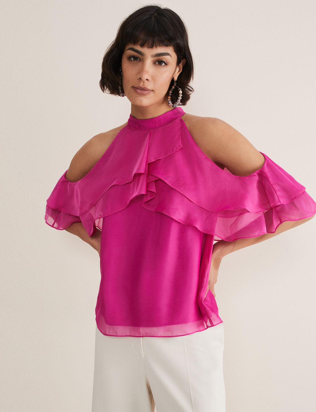 Halter Neck Frill Detail Blouse with Silk image 1