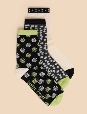 White Stuff Women's 3pk Cotton Rich Printed Ankle High Socks - 3-5W - Black Mix, Black Mix