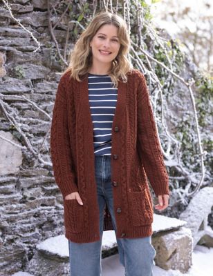 Celtic & Co. Womens Pure Wool Cable Knit V-Neck Cardigan - Brown, Brown