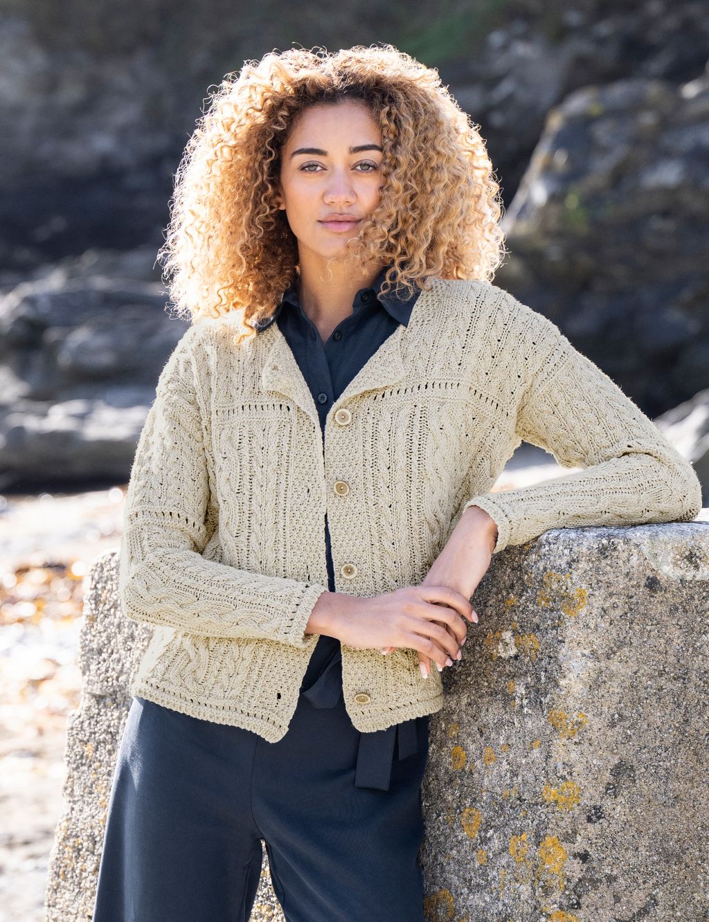 Cotton Rich Cable Knit Cardigan with Linen