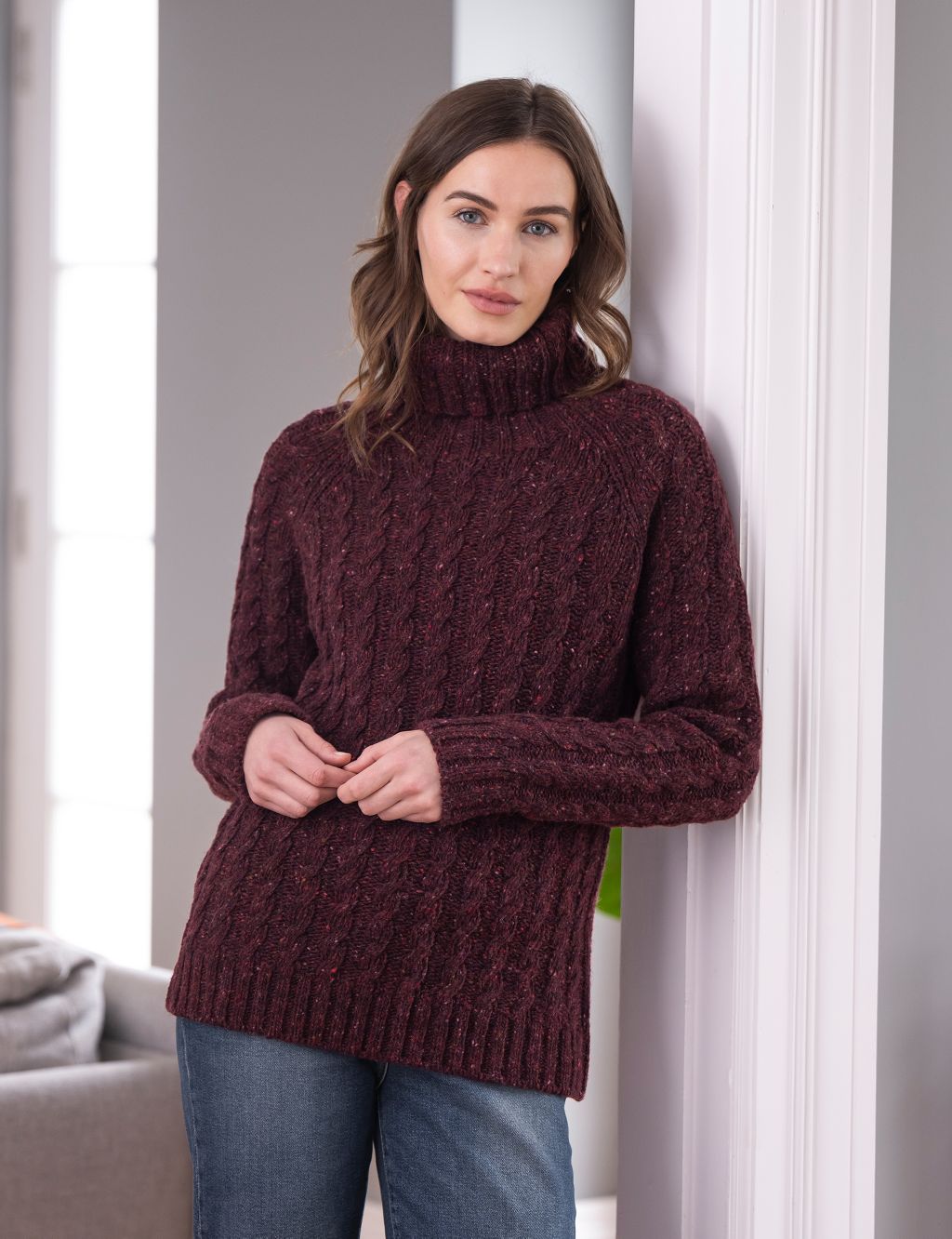Pure Wool Cable Knit Roll Neck Jumper