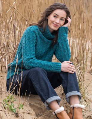 Celtic & Co. Womens Pure Wool Cable Knit Roll Neck Jumper - Turquoise, Turquoise,Plum
