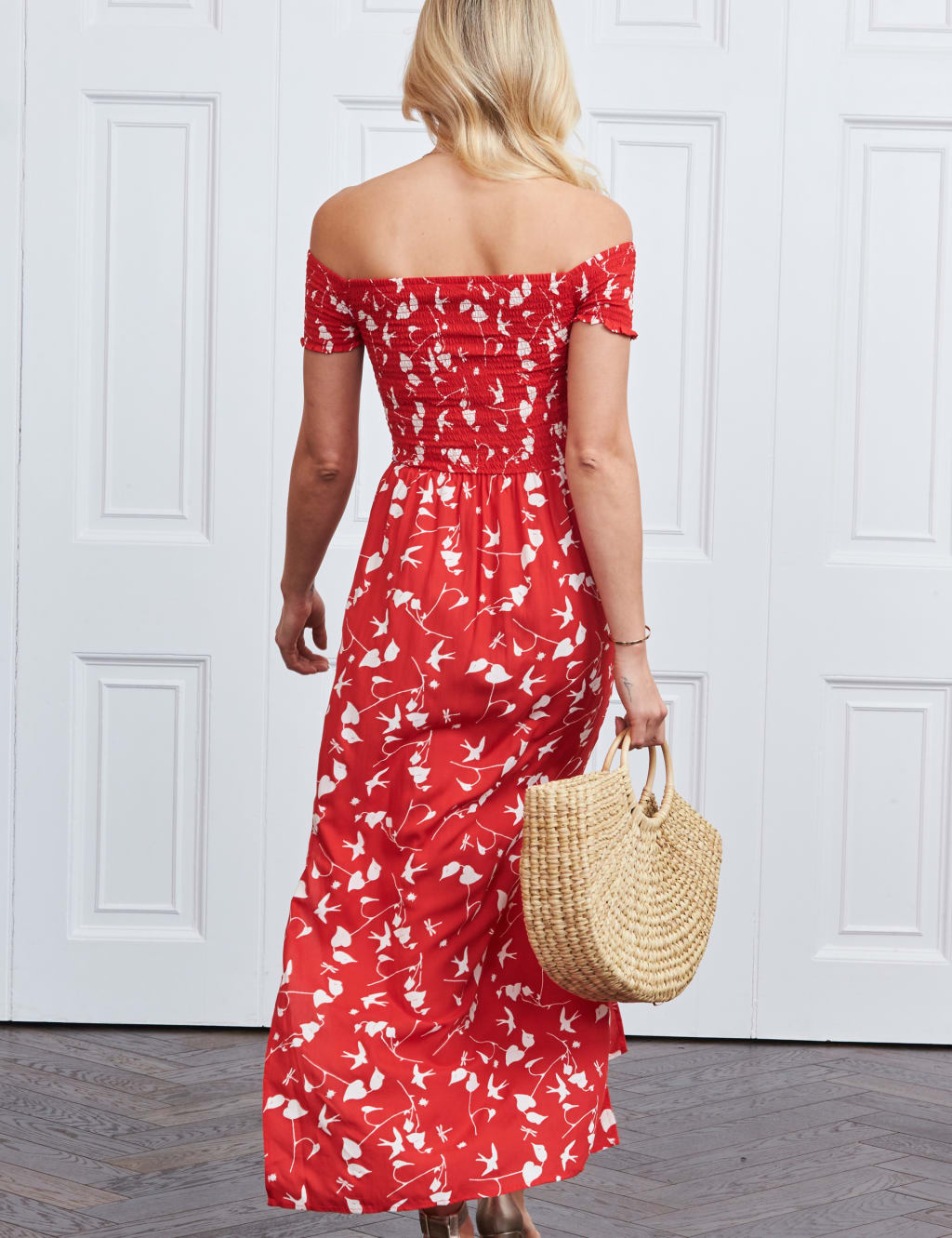 Bird Print Shirred Midaxi Column Dress image 3