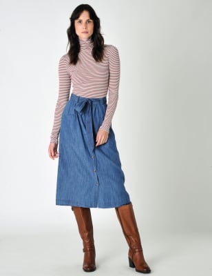 Burgs Womens Denim Button Front Belted Midi Skirt - 10 - Blue, Blue