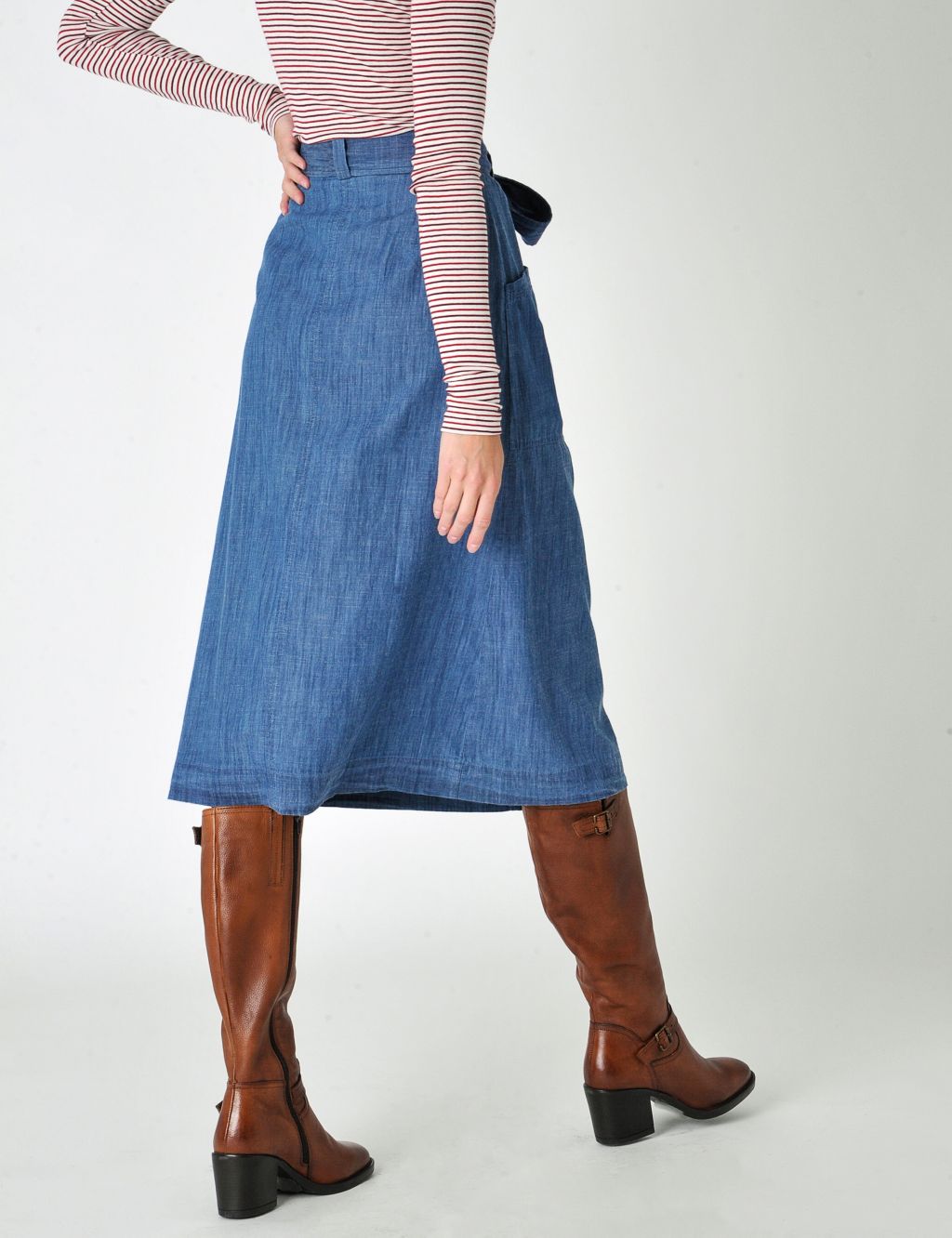 Denim Button Front Belted Midi Skirt image 3