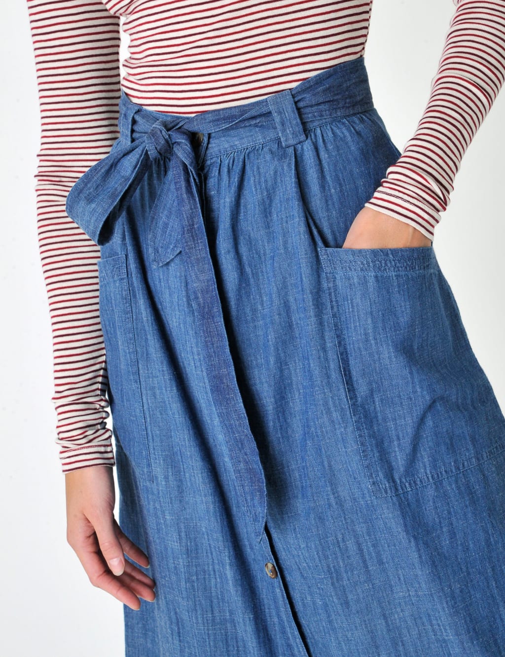 Denim Button Front Belted Midi Skirt image 4