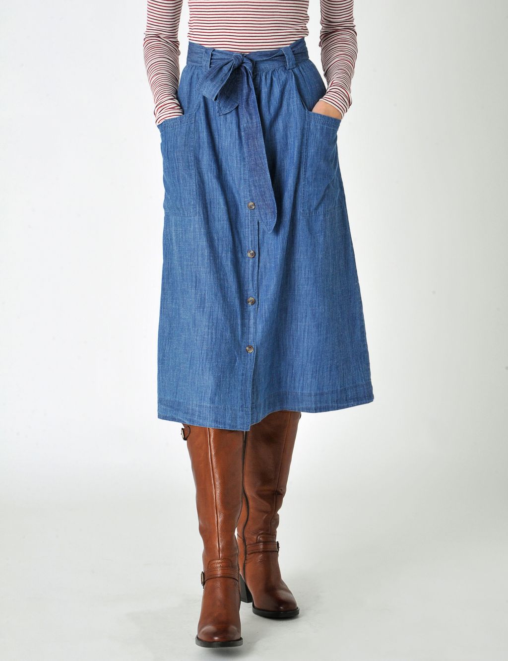 Denim Button Front Belted Midi Skirt image 5