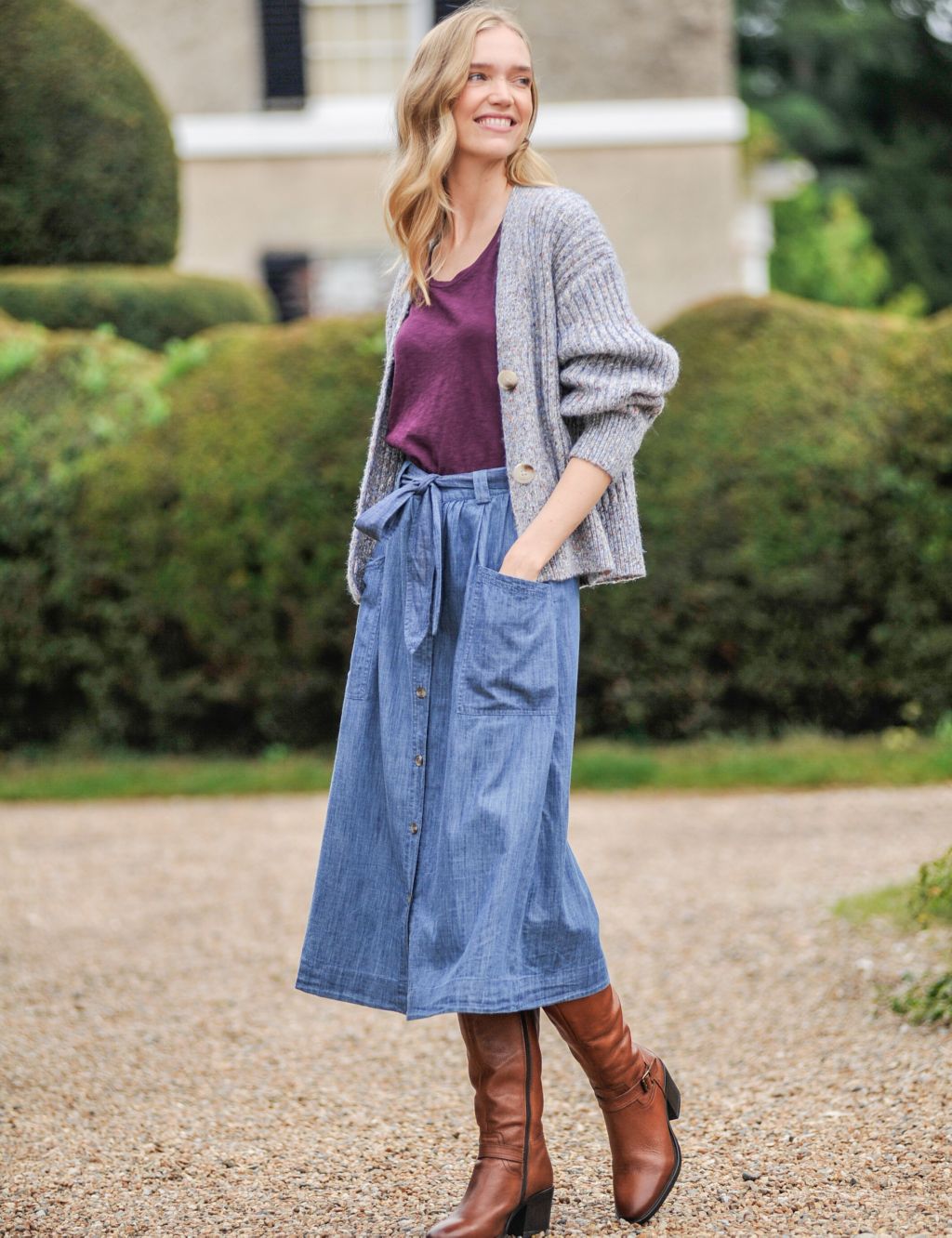 Denim Button Front Belted Midi Skirt image 6