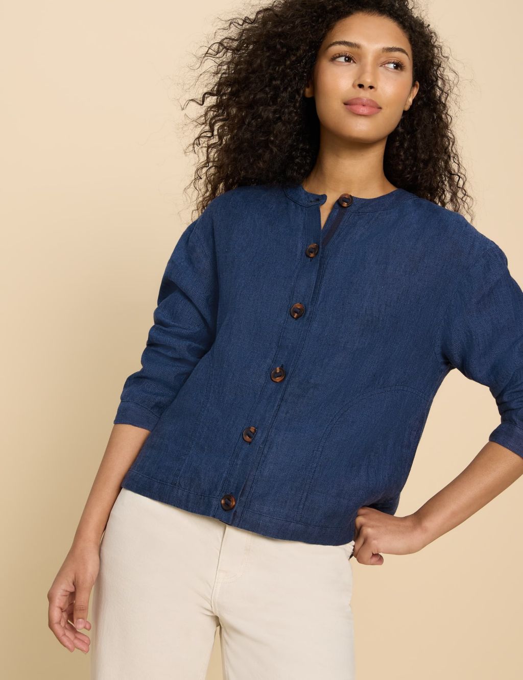 Pure Linen Collarless Utility Jacket
