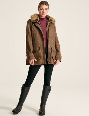 Joules Womens Checked Pea Coat - 8 - Brown Mix, Brown Mix