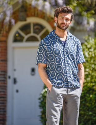 Burgs Mens Linen Blend Floral Geometric Print Shirt - Navy Mix, Navy Mix