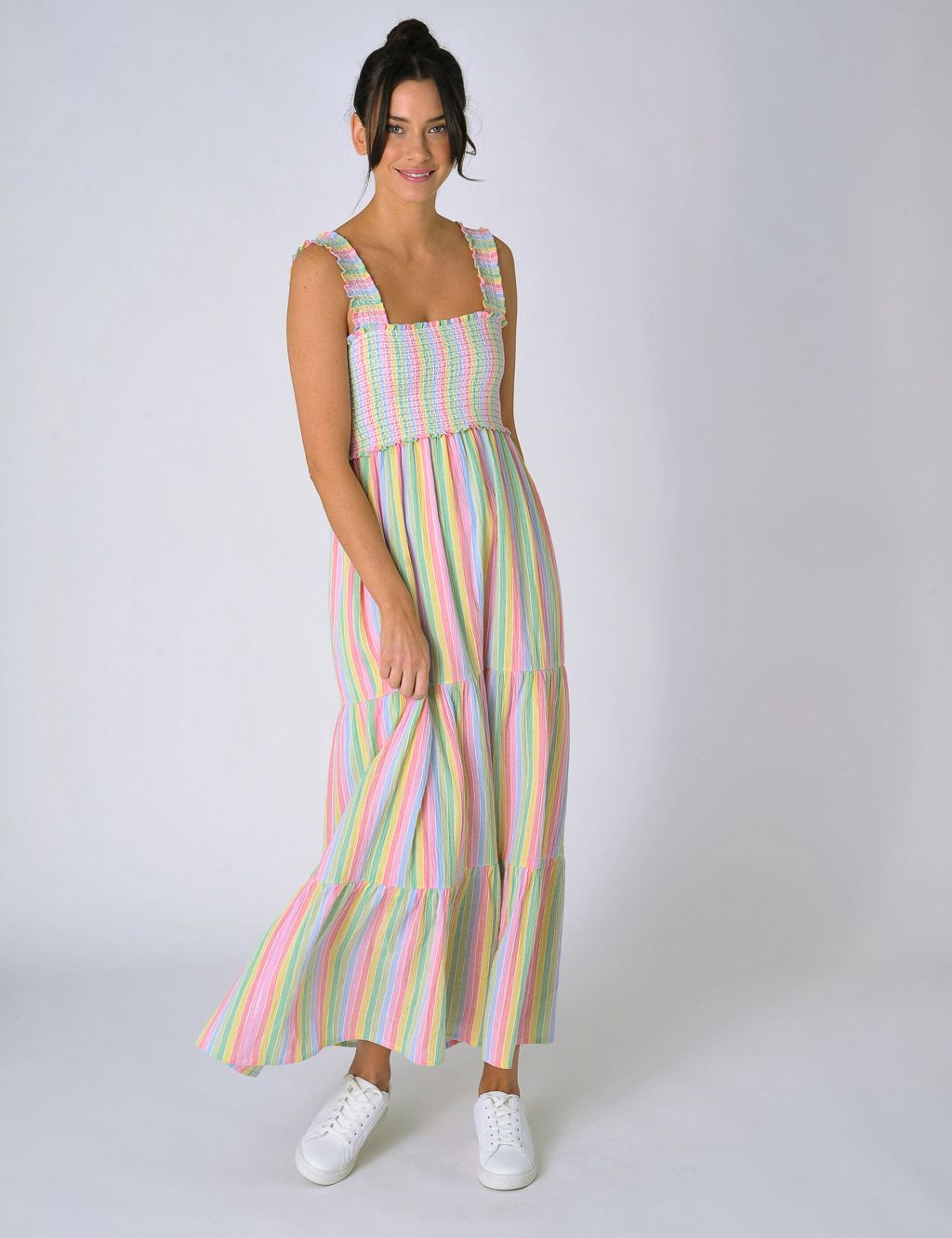 Pure Cotton Striped Midaxi Tiered Dress image 1
