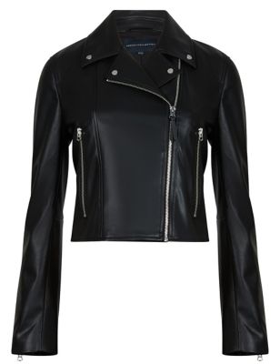 French Connection Womens Faux Leather Cropped Biker Jacket - S - Black, Black
